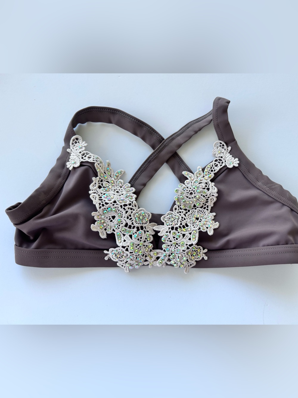 balera mocha brown embellished dance top with Ivory Lace & Crystal Appliqué LC